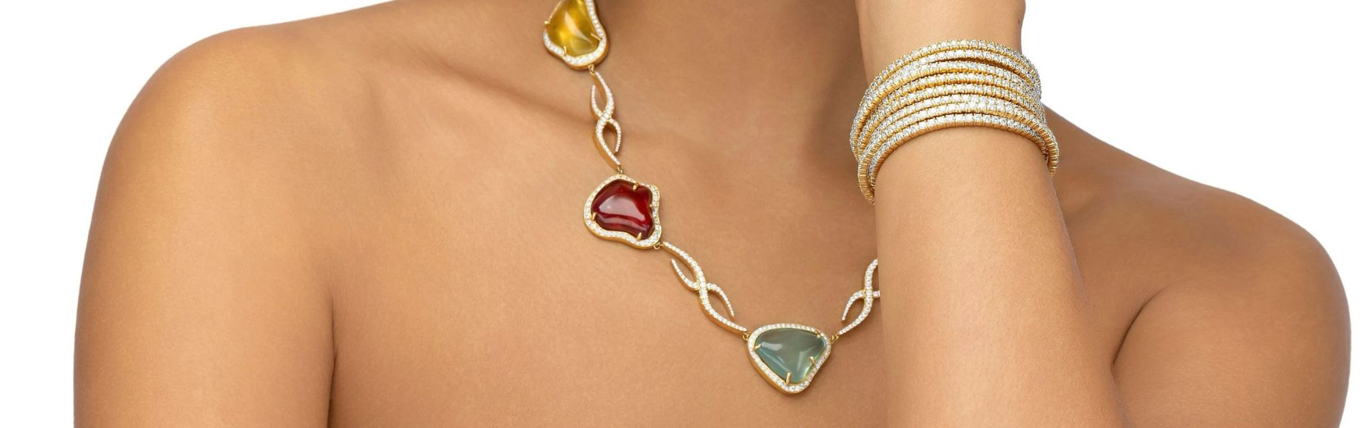 Elyzian rainbow gemstone statement necklace with tennis bracelets, handpicked vibrant gemstone candy luxury jewelry