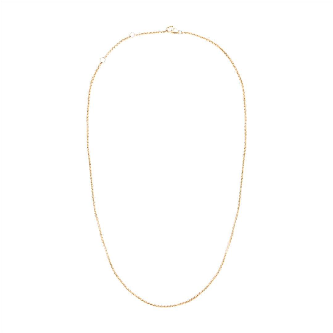 "Elegant 14K yellow gold mini box chain with an adjustable length of 16” to 18”, featuring a delicate 1.2mm width for a refined and versatile everyday necklace.