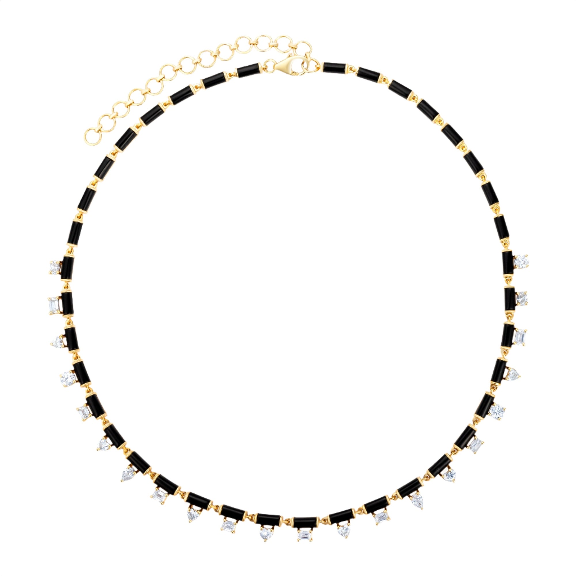 Striking black onyx and diamond tennis necklace featuring 3.46ct of mixed fancy-shaped diamonds, adjustable from 15 to 18 inches—perfectly pairs with our matching teardrop earrings.