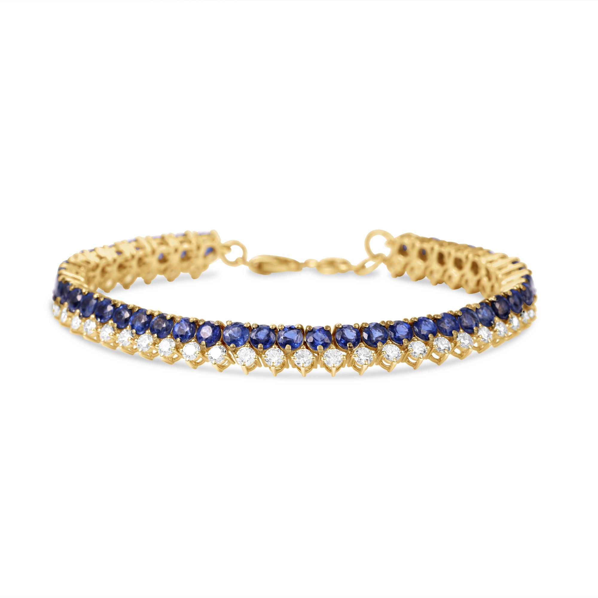 Elegant 14K yellow gold line bracelet featuring vibrant blue sapphires beautifully offset by shimmering diamonds, offering a timeless design that blends versatility with refined luxury. Front View