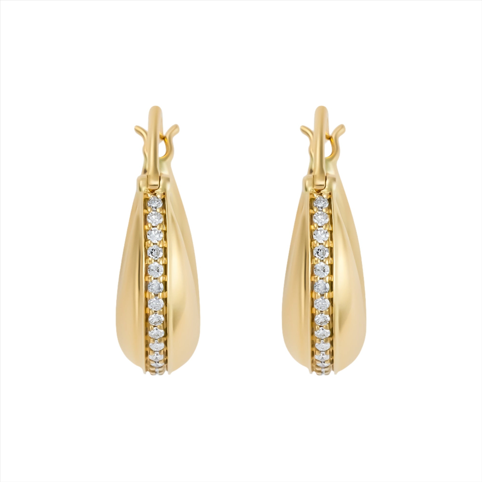 Elegant 14K yellow gold domed saddle hoop earrings featuring a curved silhouette with a row of 0.42ct channel-set diamonds, measuring 0.75 inches wide and weighing 6.97g.
