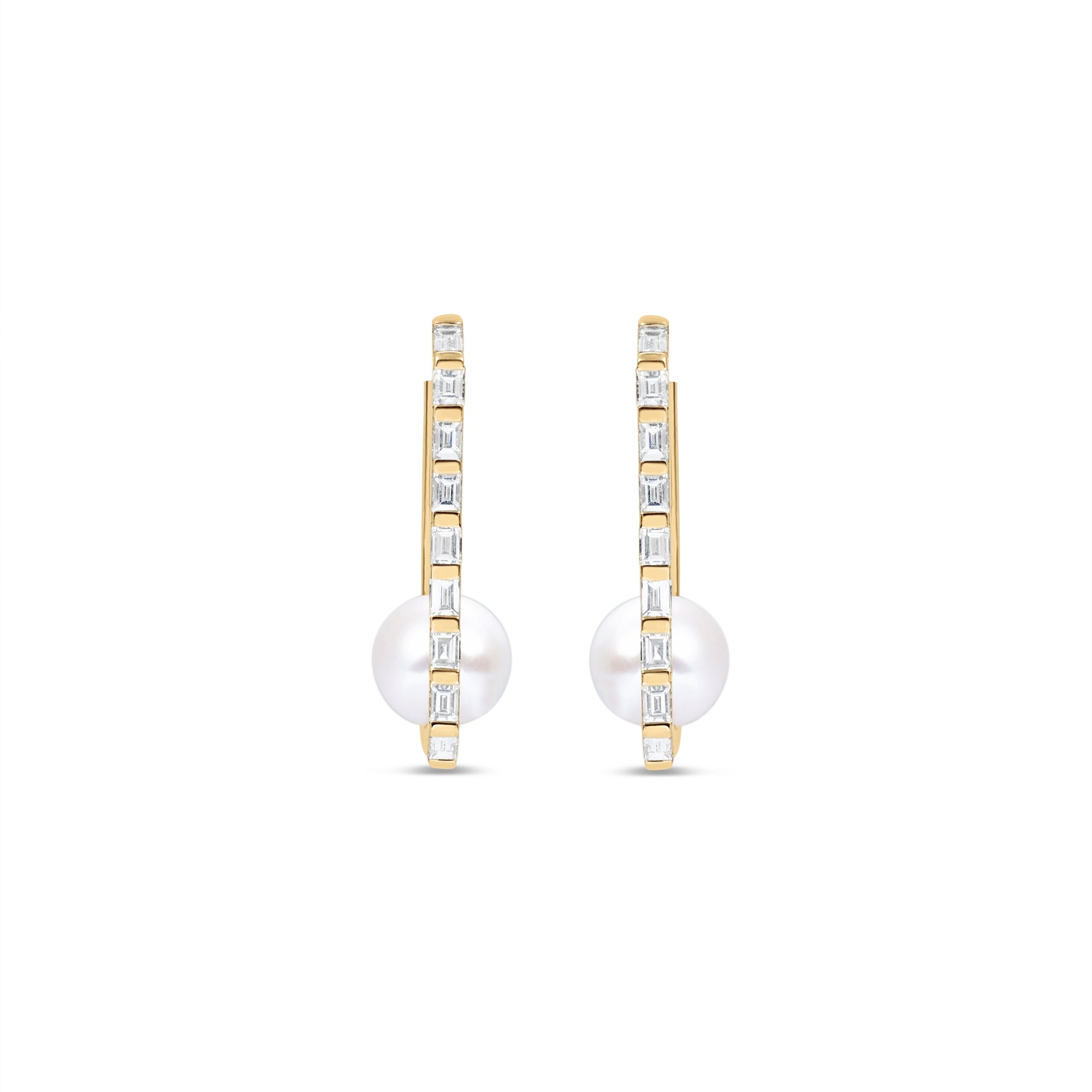 Stunning elongated hoop earrings featuring a sleek rectangular design adorned with diamond baguettes along the outside and a beautiful pearl solitaire at the bottom, crafted in 14K gold for a sophisticated statement. Front view.