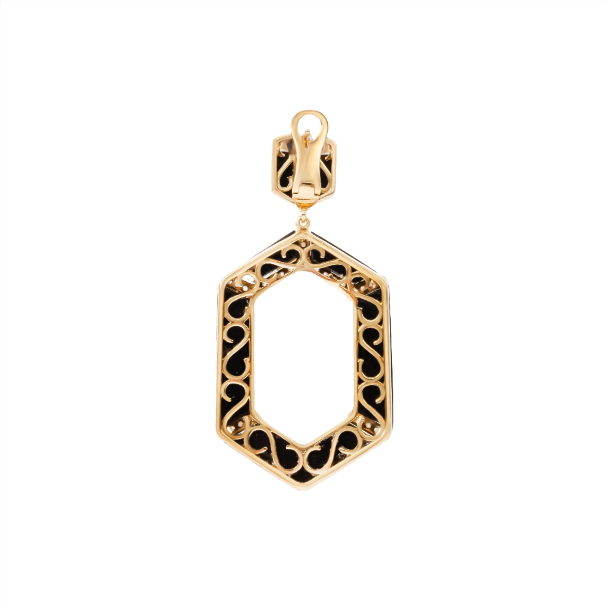 Striking geometric earrings crafted in 14K yellow gold with bold black onyx and sparkling diamond accents, totaling 29.43g—an elegant fusion of modern design and fine materials.