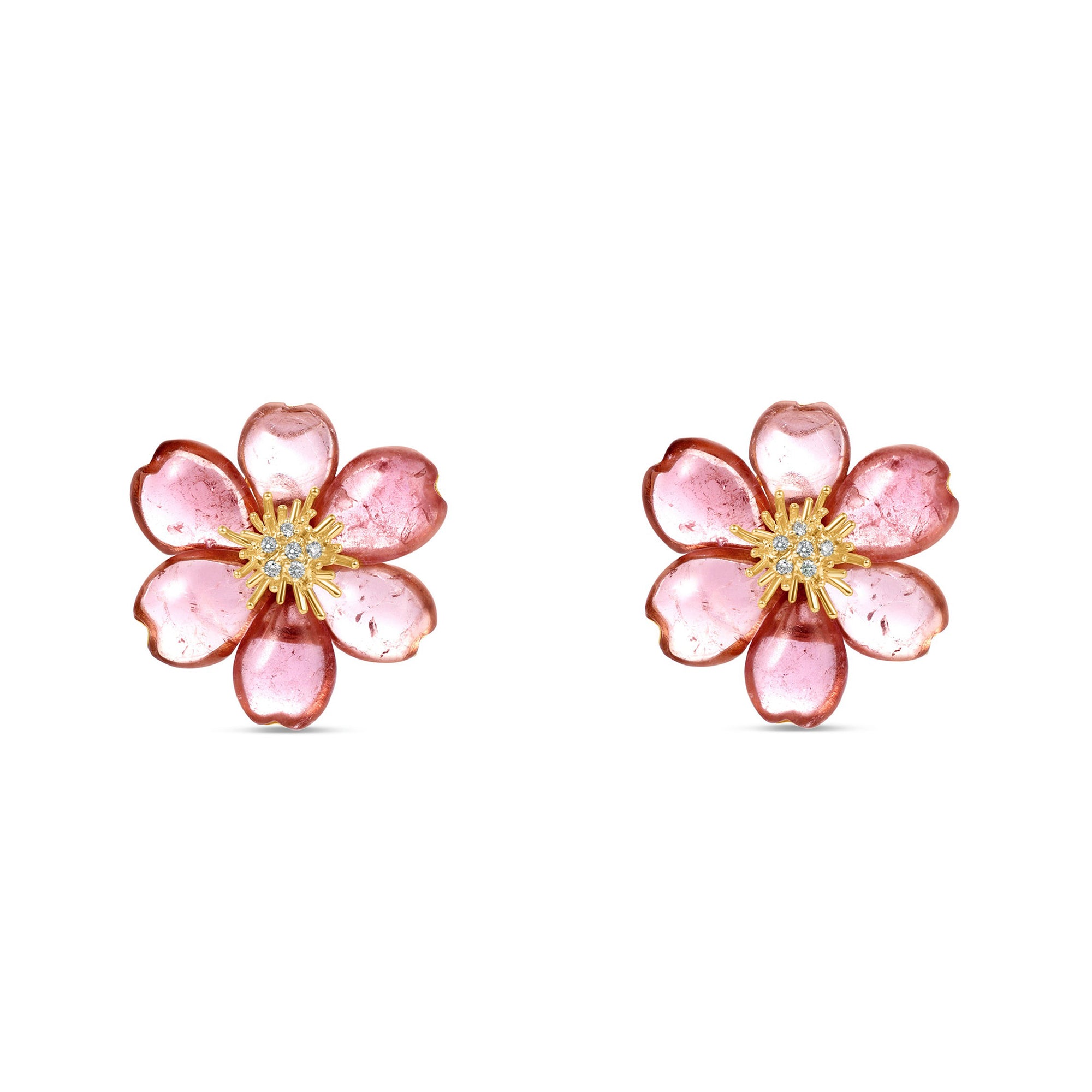 Exquisite one-of-a-kind 18K yellow gold clip-on stud earrings featuring meticulously hand-carved pink tourmaline plum blossoms, accented with sparkling diamonds for a refined and elegant floral statement. Close up front angle.