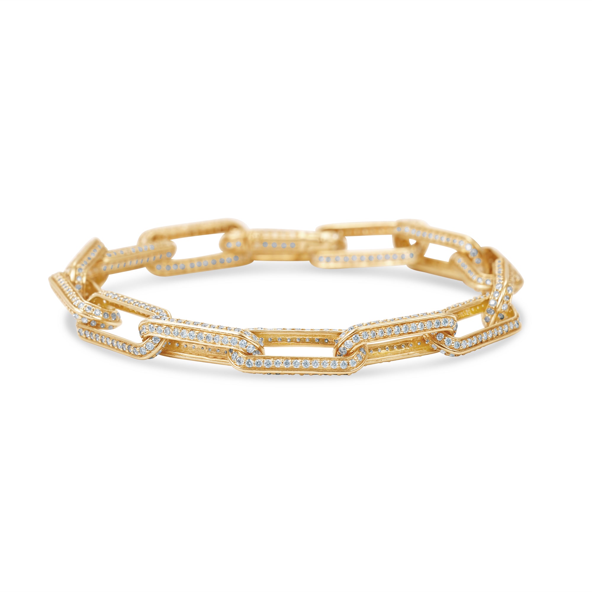 Timeless paperclip bracelet crafted in 14K yellow gold, featuring oblong links adorned with sparkling pavé diamonds, perfect for adding elegance to any outfit.