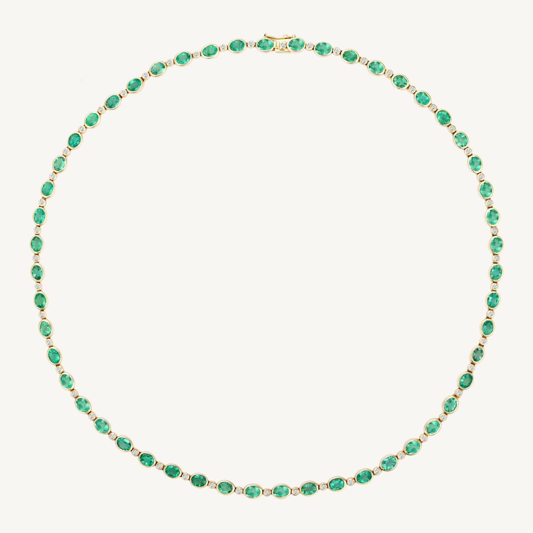 Bezel Set Oval Shaped Emerald and Diamond Tennis Necklace
