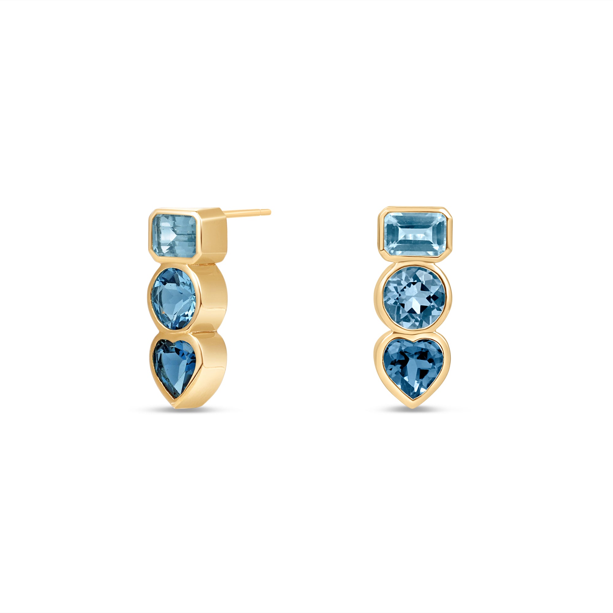 Mixed angle of 14k yellow gold stud earrings featuring bezel-set London Blue, Swiss Blue, and Aquamarine gemstones in geometric shapes.