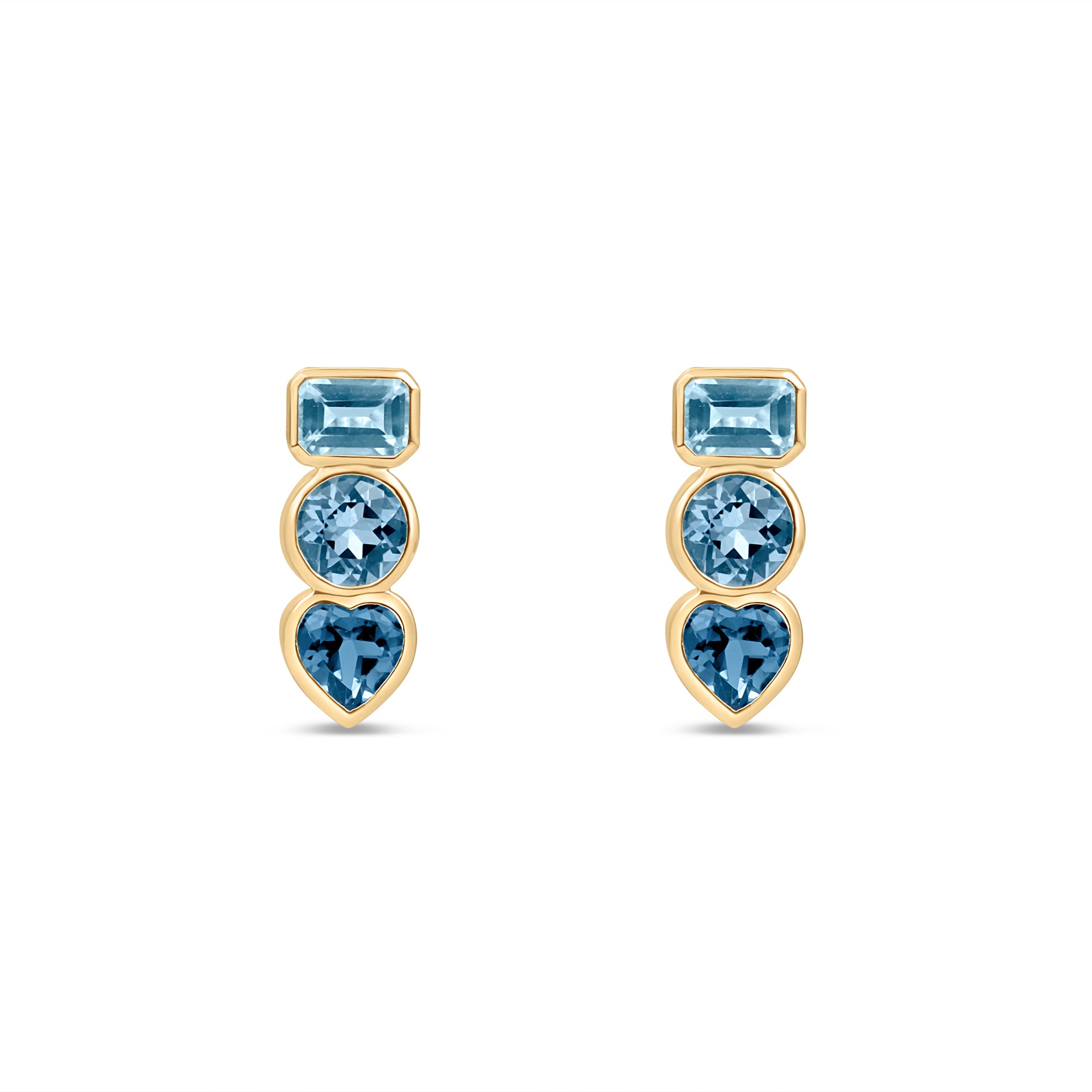 Pair of 14k yellow gold stud earrings featuring bezel-set London Blue, Swiss Blue, and Aquamarine gemstones in geometric shapes. Front view