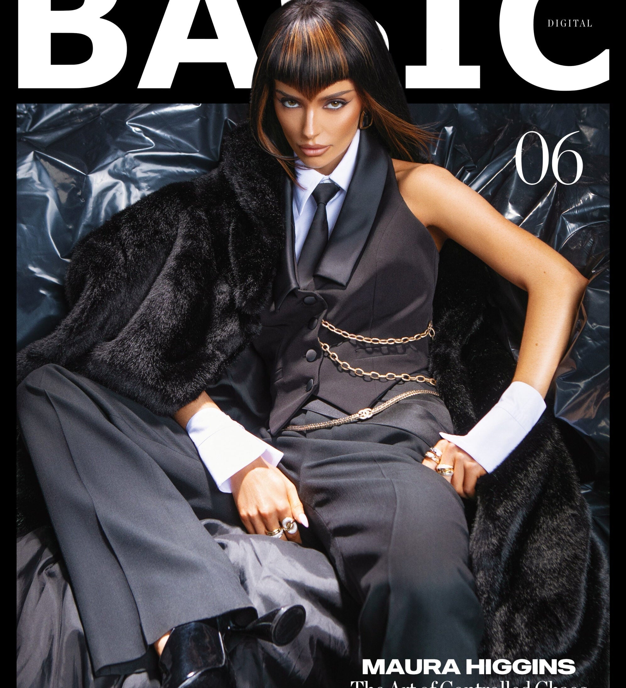 Maura Higgins wearing Elyzian fine jewelry in BASIC Magazine June 2026 editorial