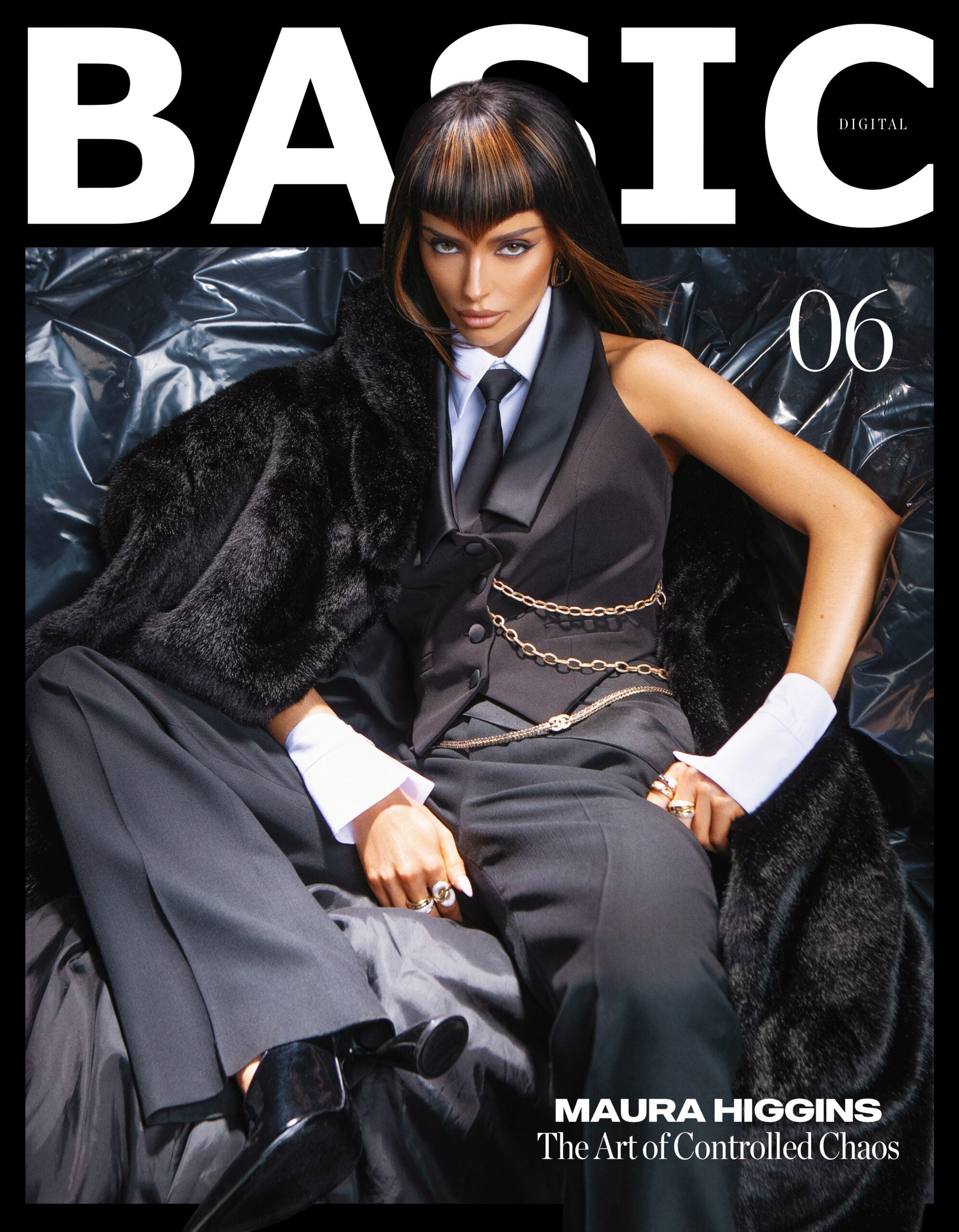 Maura Higgins wearing Elyzian fine jewelry in BASIC Magazine June 2026 editorial