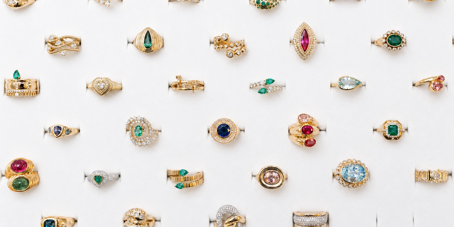 Large gemstone cocktail rings in gold by Elyzian