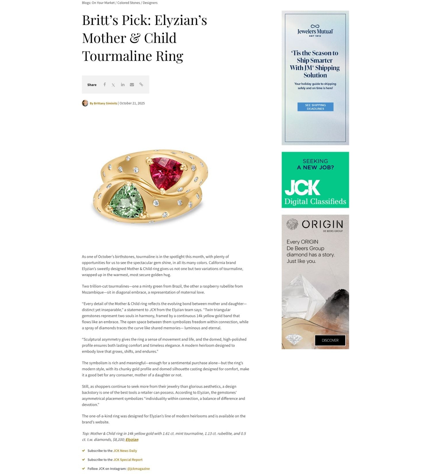 JCK Magazine Features Elyzian Tourmaline Design in October Birthstone Spotlight