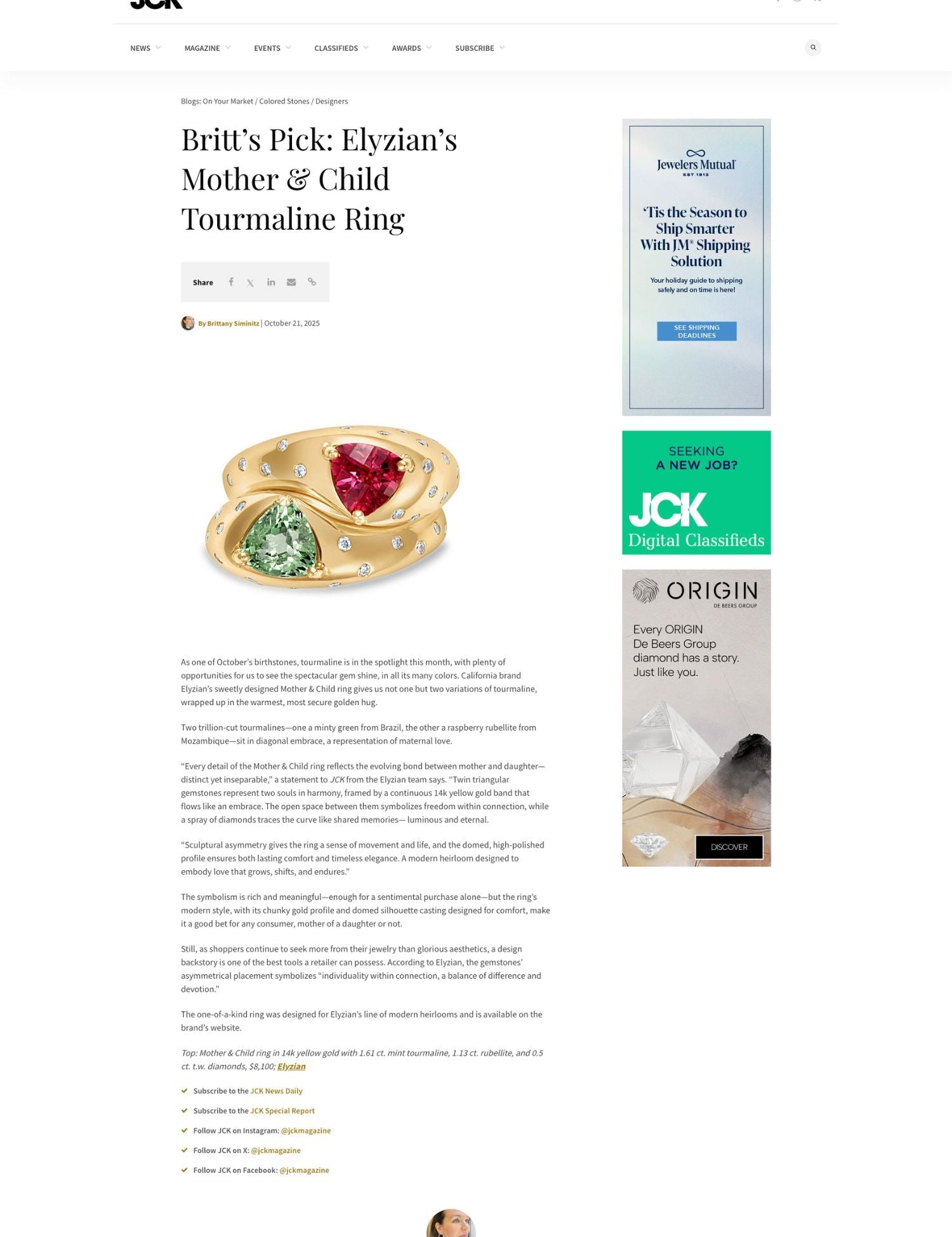 JCK Magazine Features Elyzian Tourmaline Design in October Birthstone Spotlight