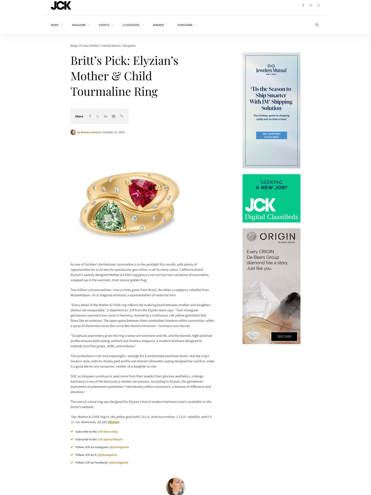 JCK Magazine Features Elyzian Tourmaline Design in October Birthstone Spotlight