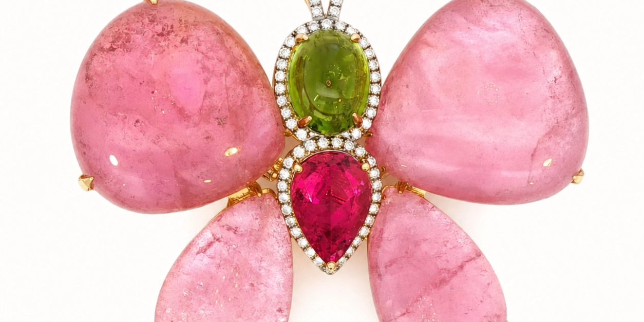 Butterfly brooch with pink tourmaline cabochon wings, a green tourmaline body, and a pear-cut rubellite center framed in diamonds, in yellow gold.