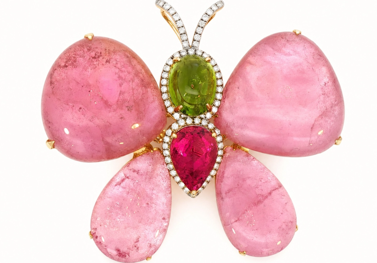 Butterfly brooch with pink tourmaline cabochon wings, a green tourmaline body, and a pear-cut rubellite center framed in diamonds, in yellow gold.