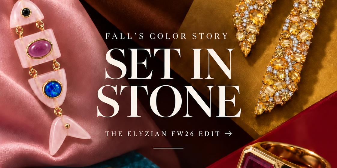 Brown zircon tennis necklace, yellow sapphire earrings, Poisson pendant, blue zircon ring and ruby ring from the Elyzian Fall/Winter 2026 color edit