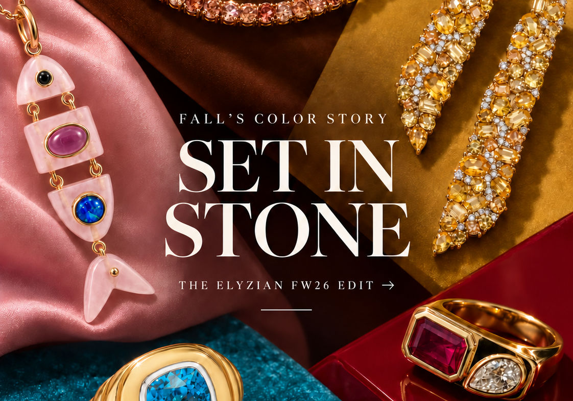 Brown zircon tennis necklace, yellow sapphire earrings, Poisson pendant, blue zircon ring and ruby ring from the Elyzian Fall/Winter 2026 color edit