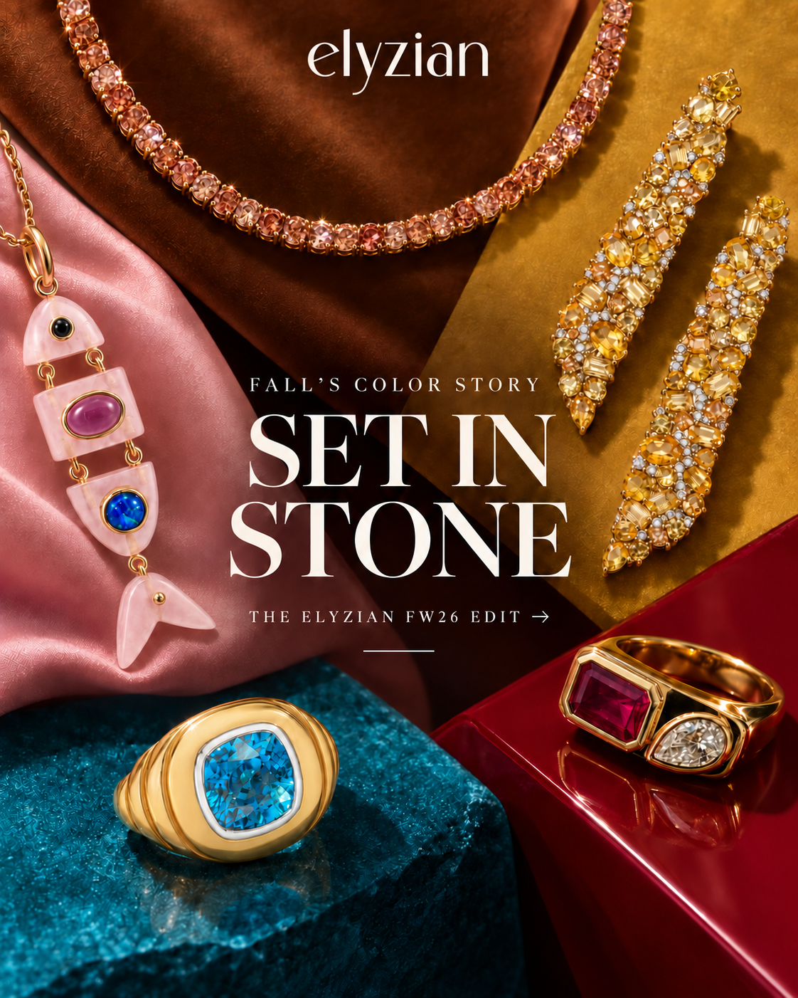Brown zircon tennis necklace, yellow sapphire earrings, Poisson pendant, blue zircon ring and ruby ring from the Elyzian Fall/Winter 2026 color edit