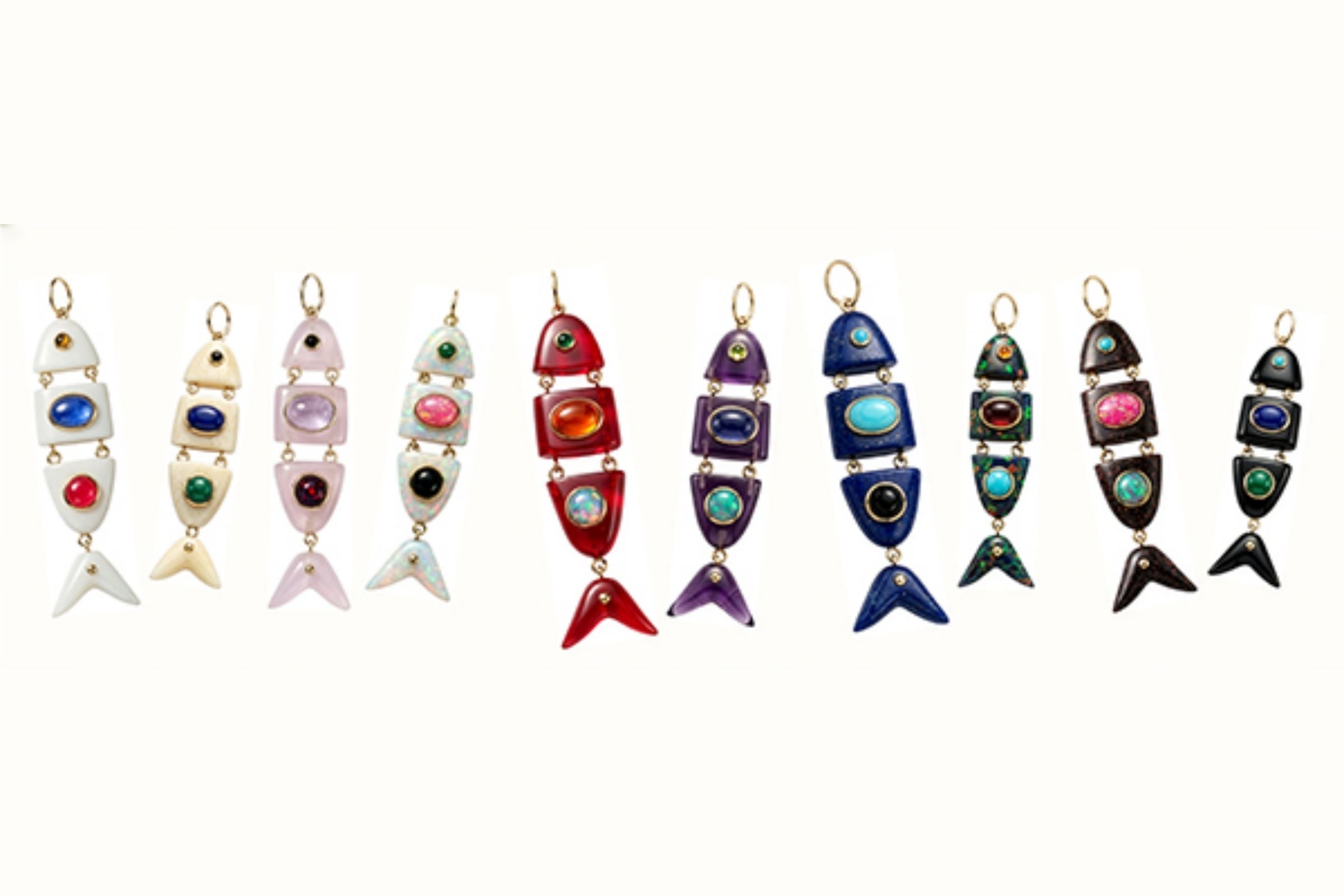 Elyzian Poisson Pendant collection, hand-carved colored gemstone fish pendants in 14k yellow gold, featured in JCK Magazine