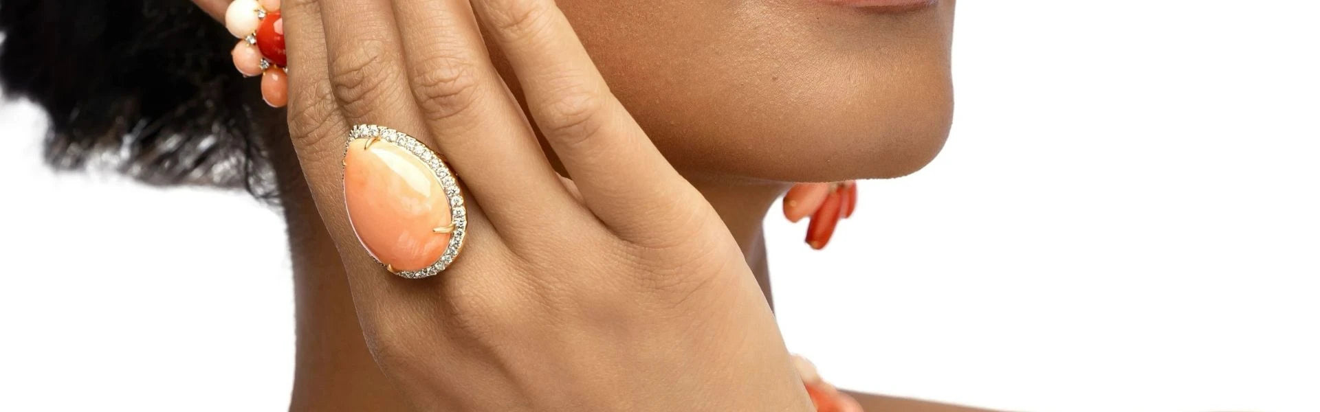 Elyzian vibrant coral gemstone ring and beaded jewelry, handpicked orange gemstone candy luxury statement