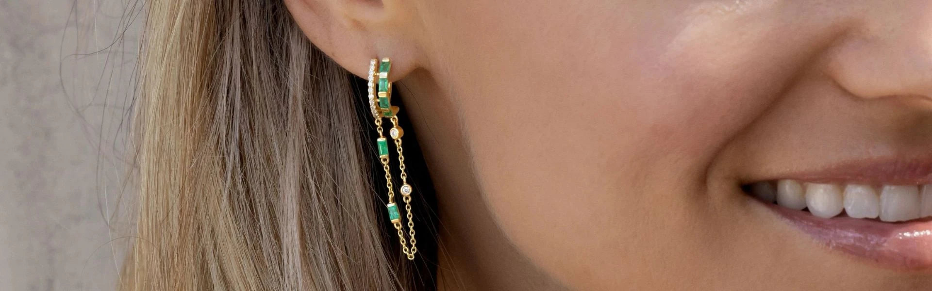 Elyzian vibrant emerald and gold chain drop earrings with diamond stud, handpicked gemstone candy jewelry