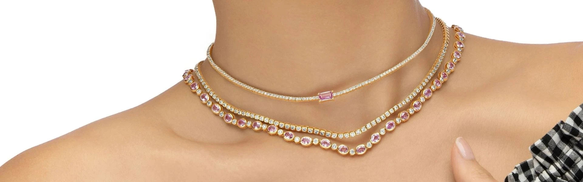 Pink sapphire and diamond layered tennis necklaces, vibrant gemstone candy luxury fine jewelry collection by Elyzian Jewelry