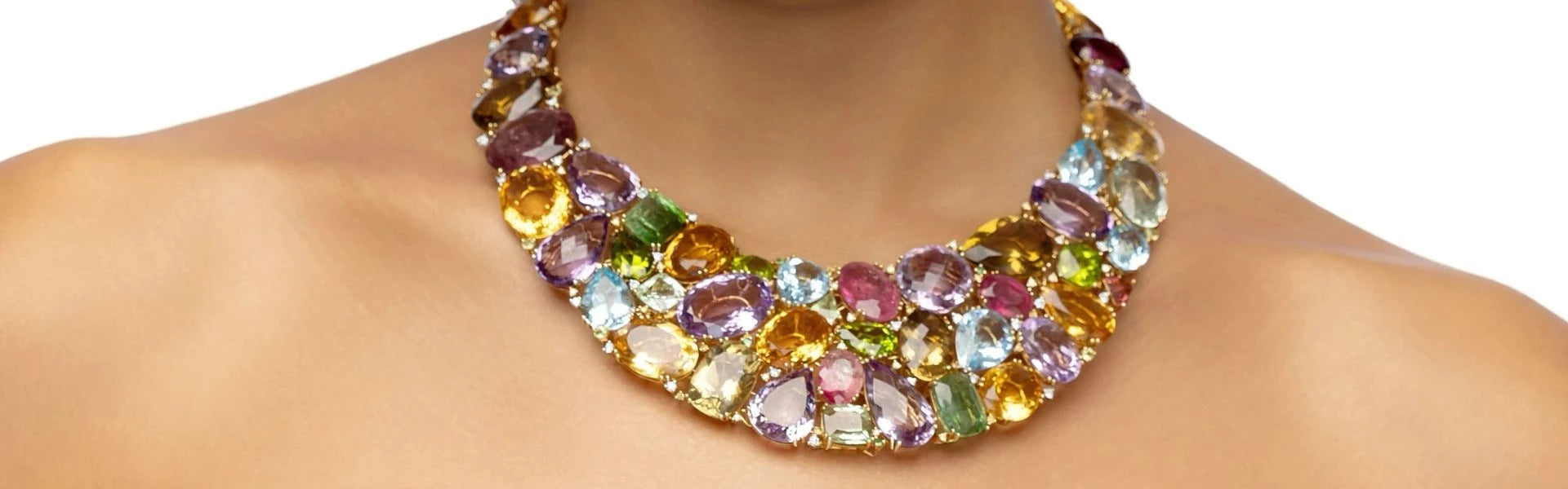 Elyzian rainbow multi-colored gemstone collar necklace, vibrant handpicked gemstone candy luxury statement jewelry