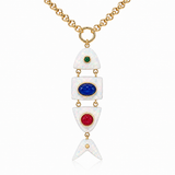 Poisson Pendant in White Opal, Malachite, Kyanite and Coral