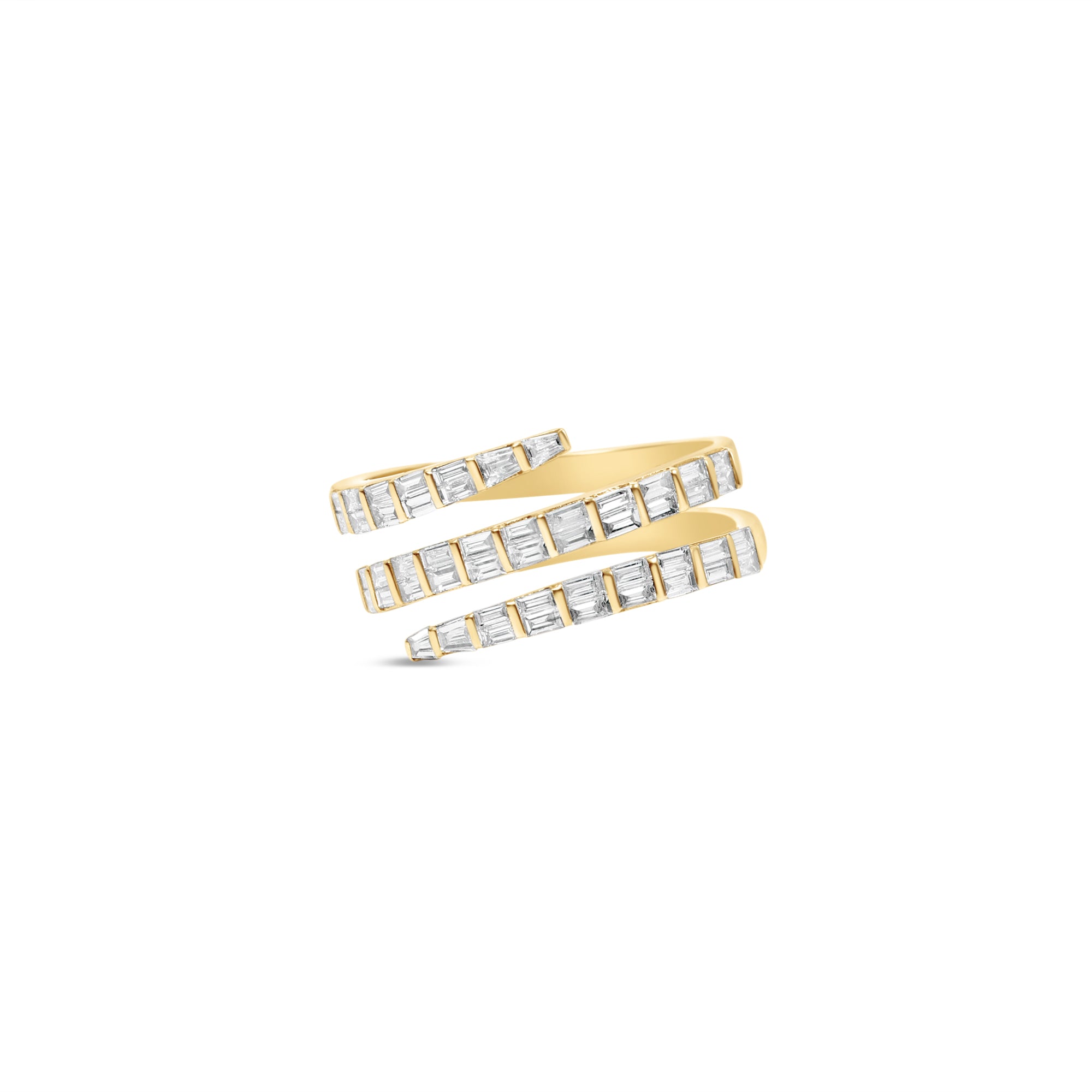 Modern wrap-around ring crafted in 14K yellow gold, featuring dazzling illusion-set baguette diamonds with clean lines and elegant craftsmanship, making it a versatile and stackable jewelry piece. Front close up. 
