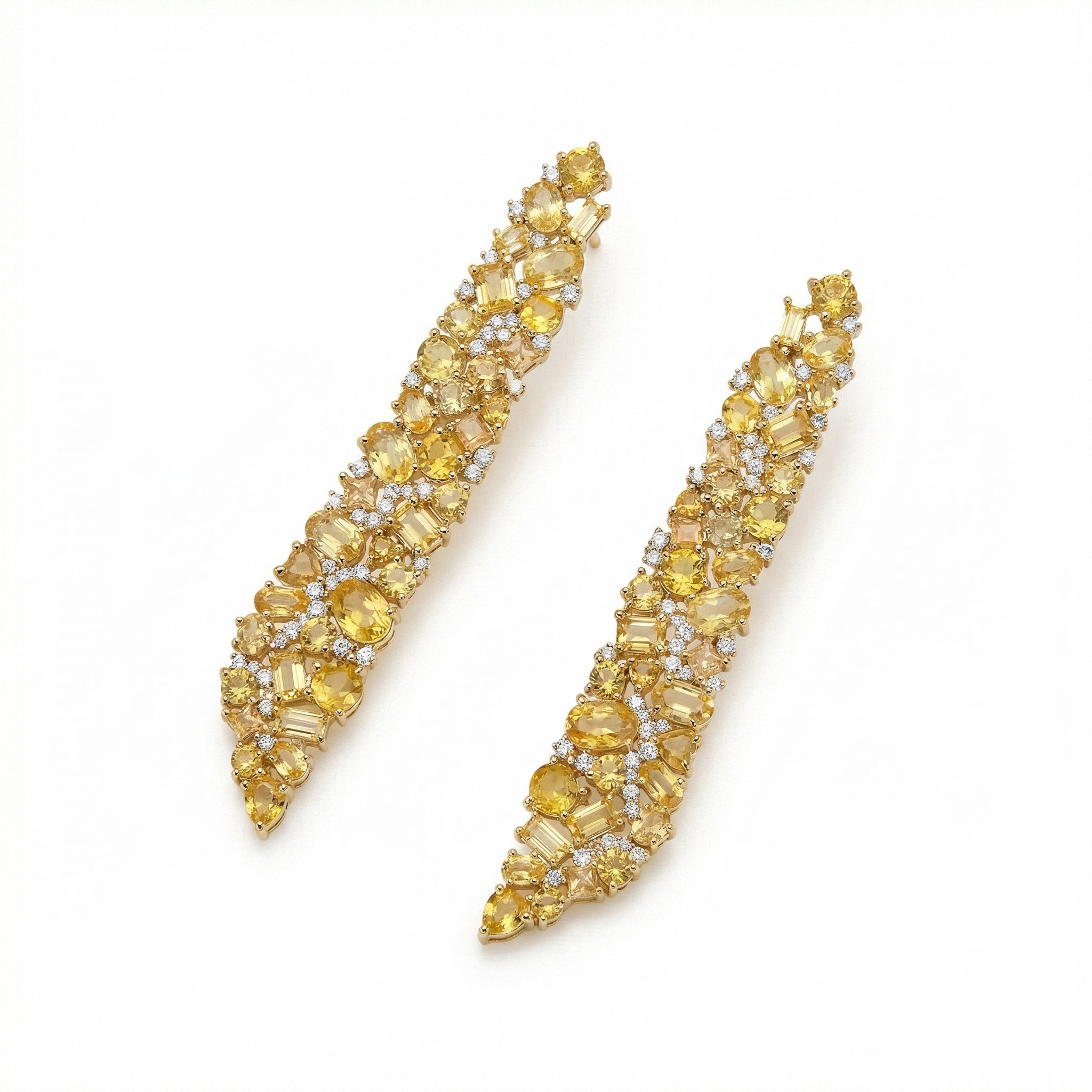 Yellow sapphire and diamond statement earrings. Three inches in length, set in 14k yellow gold. 