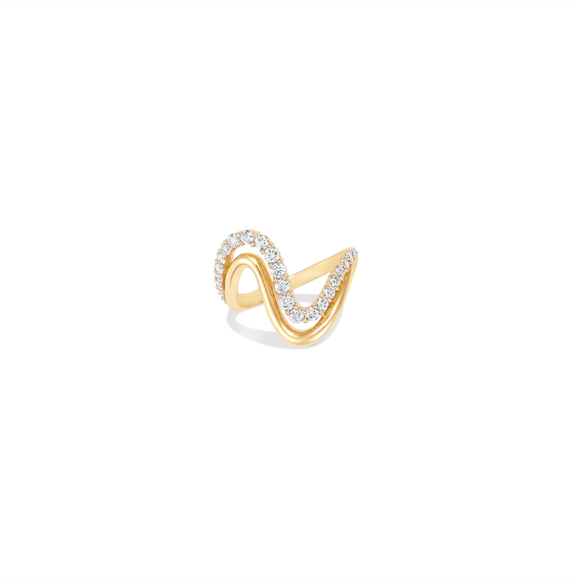 Graceful 14K yellow gold wave ring featuring a double-wave design, with one wave elegantly adorned with shimmering round-cut diamonds, exuding timeless elegance and sophistication. Front view. 