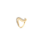 Graceful 14K yellow gold wave ring featuring a double-wave design, with one wave elegantly adorned with shimmering round-cut diamonds, exuding timeless elegance and sophistication. Angled view. 