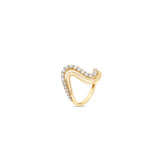 Graceful 14K yellow gold wave ring featuring a double-wave design, with one wave elegantly adorned with shimmering round-cut diamonds, exuding timeless elegance and sophistication. Angled view. 