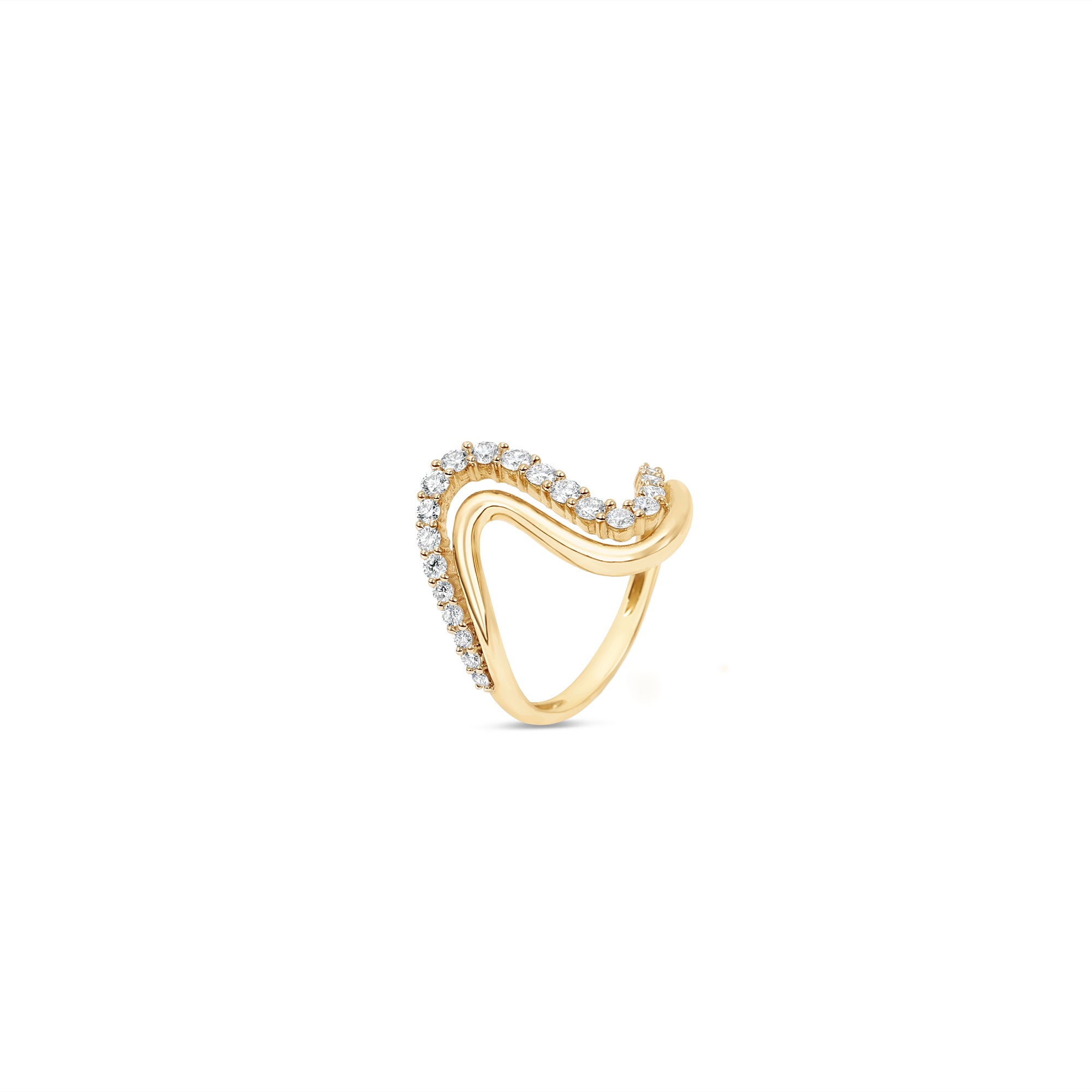 Graceful 14K yellow gold wave ring featuring a double-wave design, with one wave elegantly adorned with shimmering round-cut diamonds, exuding timeless elegance and sophistication. Angled view. 