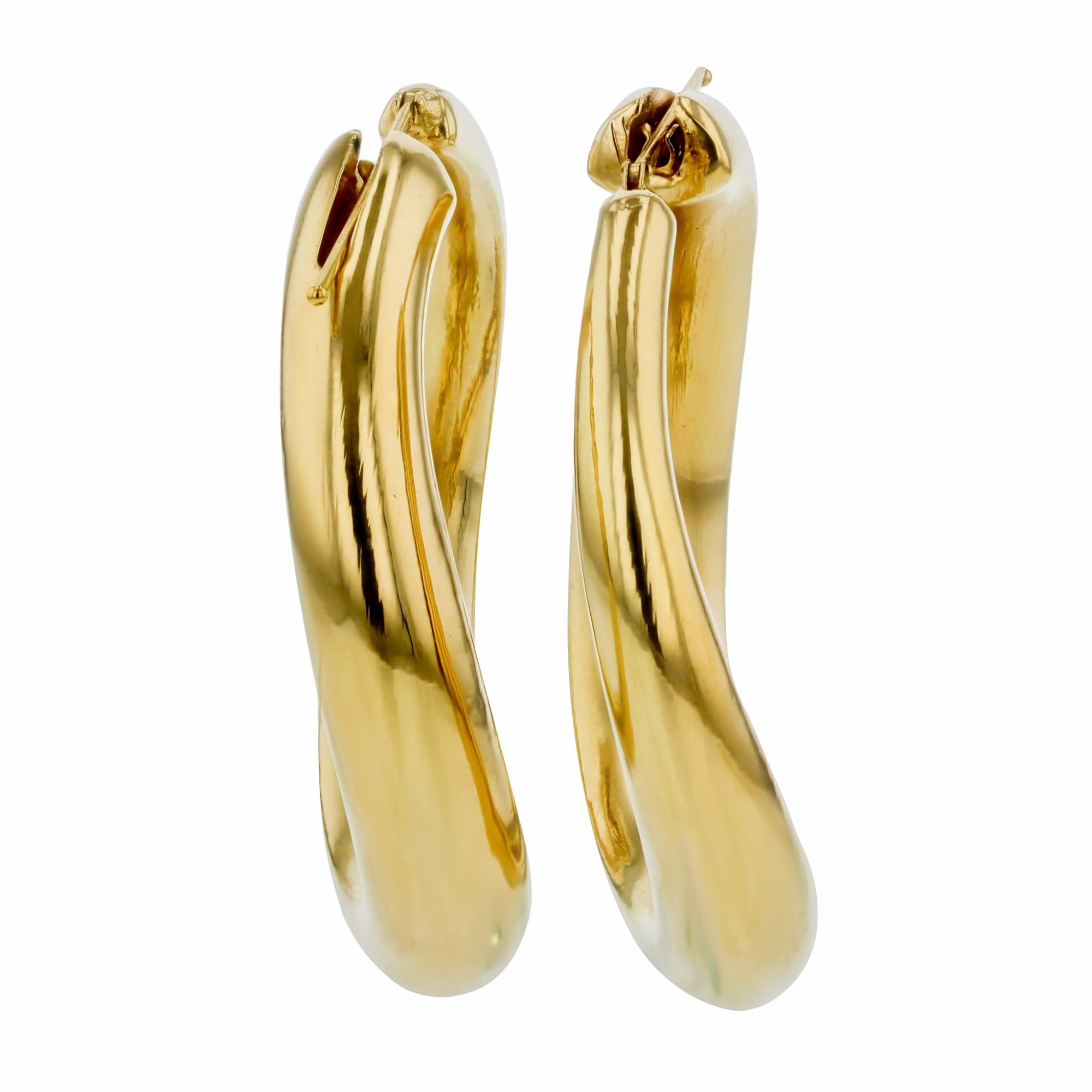 Elegant 14K yellow gold large curved round hoop earrings featuring a stylish silhouette and lightweight design, perfect for everyday wear and timeless sophistication.