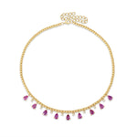 Elegant 14K gold bead necklace featuring dazzling diamond accents and soft pink sapphires, blending timeless charm with vibrant luxury. Front Facing 