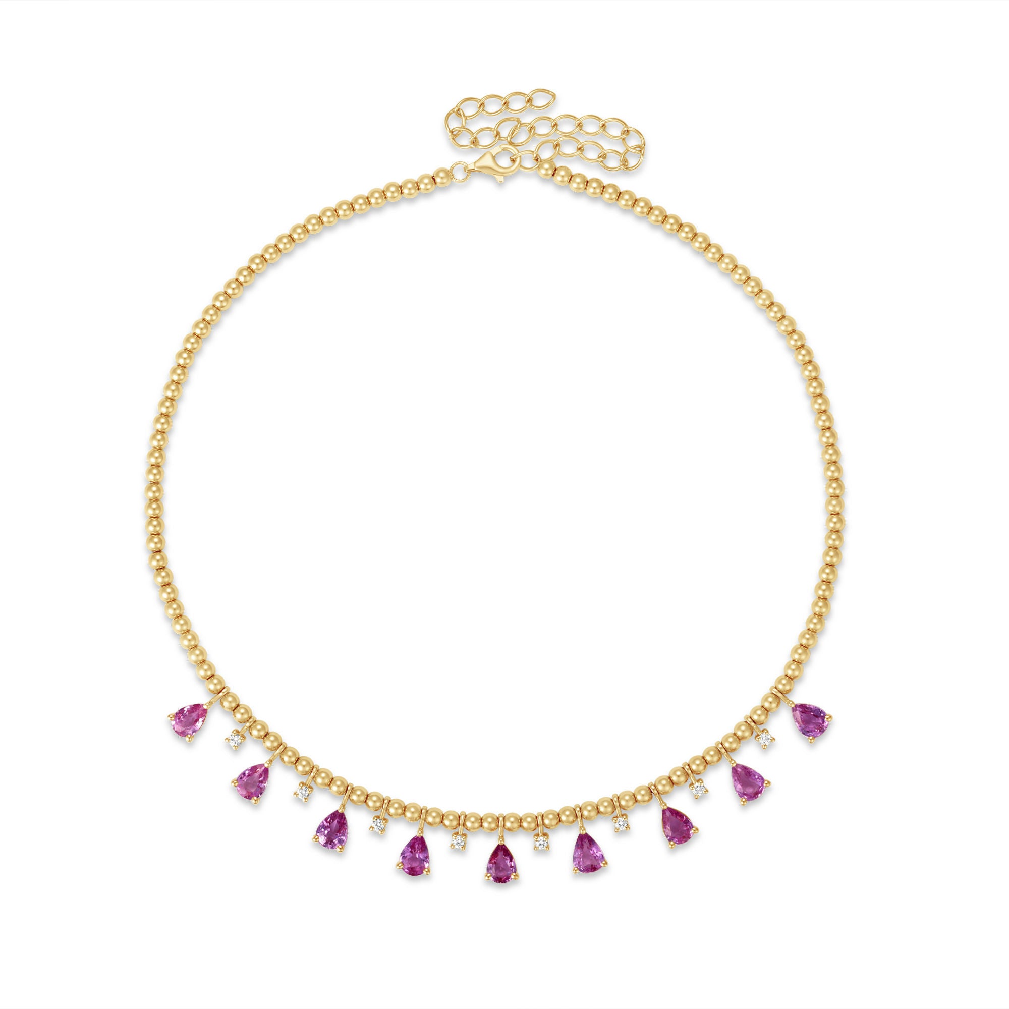 Elegant 14K gold bead necklace featuring dazzling diamond accents and soft pink sapphires, blending timeless charm with vibrant luxury. Front Facing 