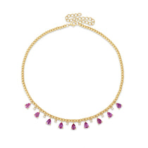 Elegant 14K gold bead necklace featuring dazzling diamond accents and soft pink sapphires, blending timeless charm with vibrant luxury. Front Facing 