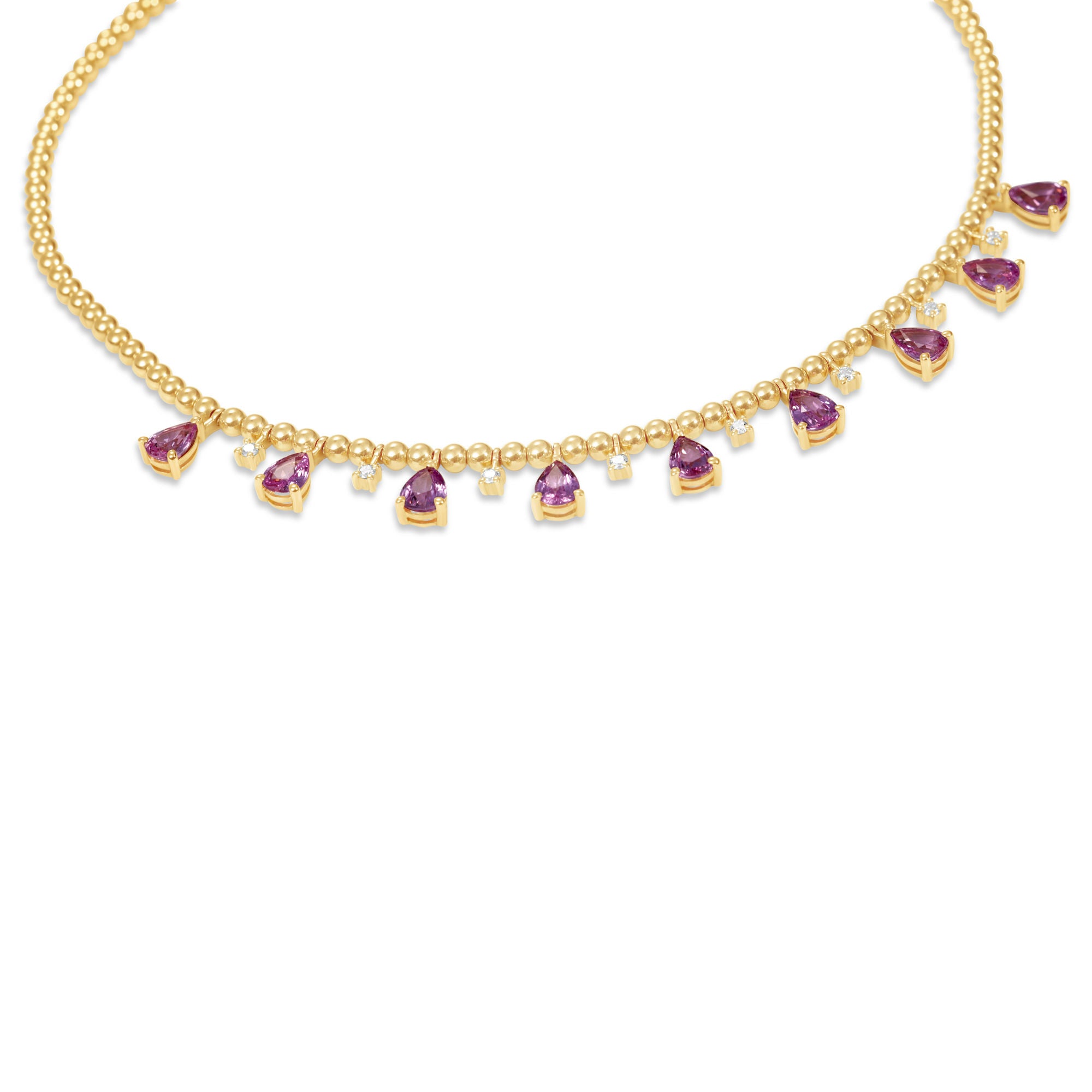 Elegant 14K gold bead necklace featuring dazzling diamond accents and soft pink sapphires, blending timeless charm with vibrant luxury. Close Up Facing 