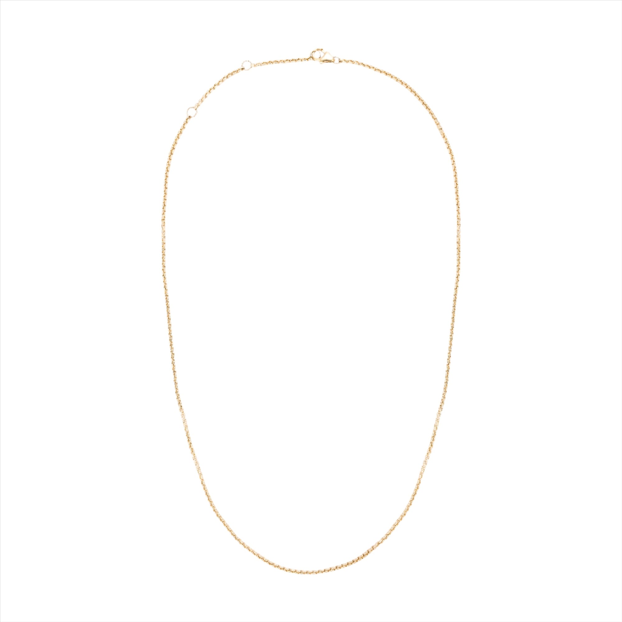 "Elegant 14K yellow gold mini box chain with an adjustable length of 16” to 18”, featuring a delicate 1.2mm width for a refined and versatile everyday necklace.