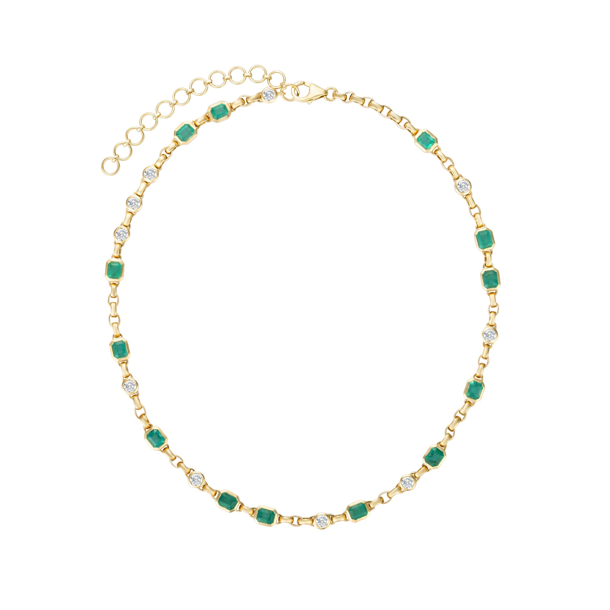 Handmade 14K yellow gold adjustable rolo chain necklace featuring 13 bezel-set emerald cut Zambian emeralds (6.12ct) and 10 bezel-set solitaire diamonds (1.74ct), offering refined elegance with a bold touch.