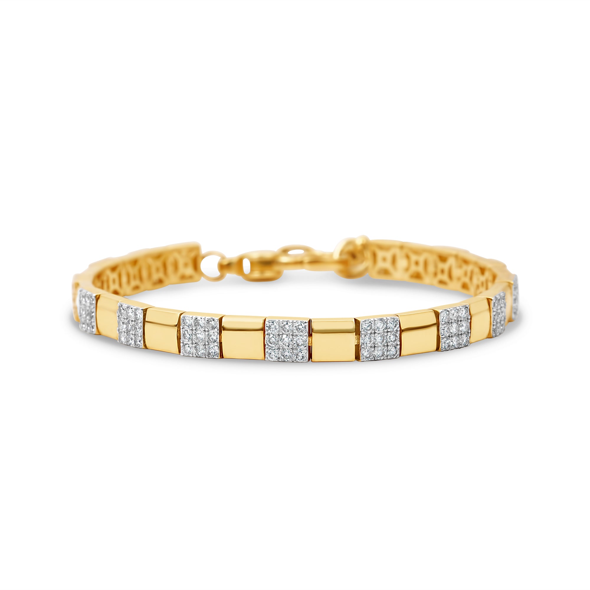 14K two-tone gold bracelet featuring a seamless blend of alternating pavé diamond accents and polished gold links, with an adjustable design for a tailored fit, offering geometric elegance and timeless sparkle.