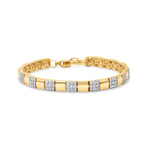 14K two-tone gold bracelet featuring a seamless blend of alternating pavé diamond accents and polished gold links, with an adjustable design for a tailored fit, offering geometric elegance and timeless sparkle. Front, close up. 