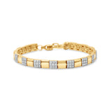 14K two-tone gold bracelet featuring a seamless blend of alternating pavé diamond accents and polished gold links, with an adjustable design for a tailored fit, offering geometric elegance and timeless sparkle. Front, close up. 
