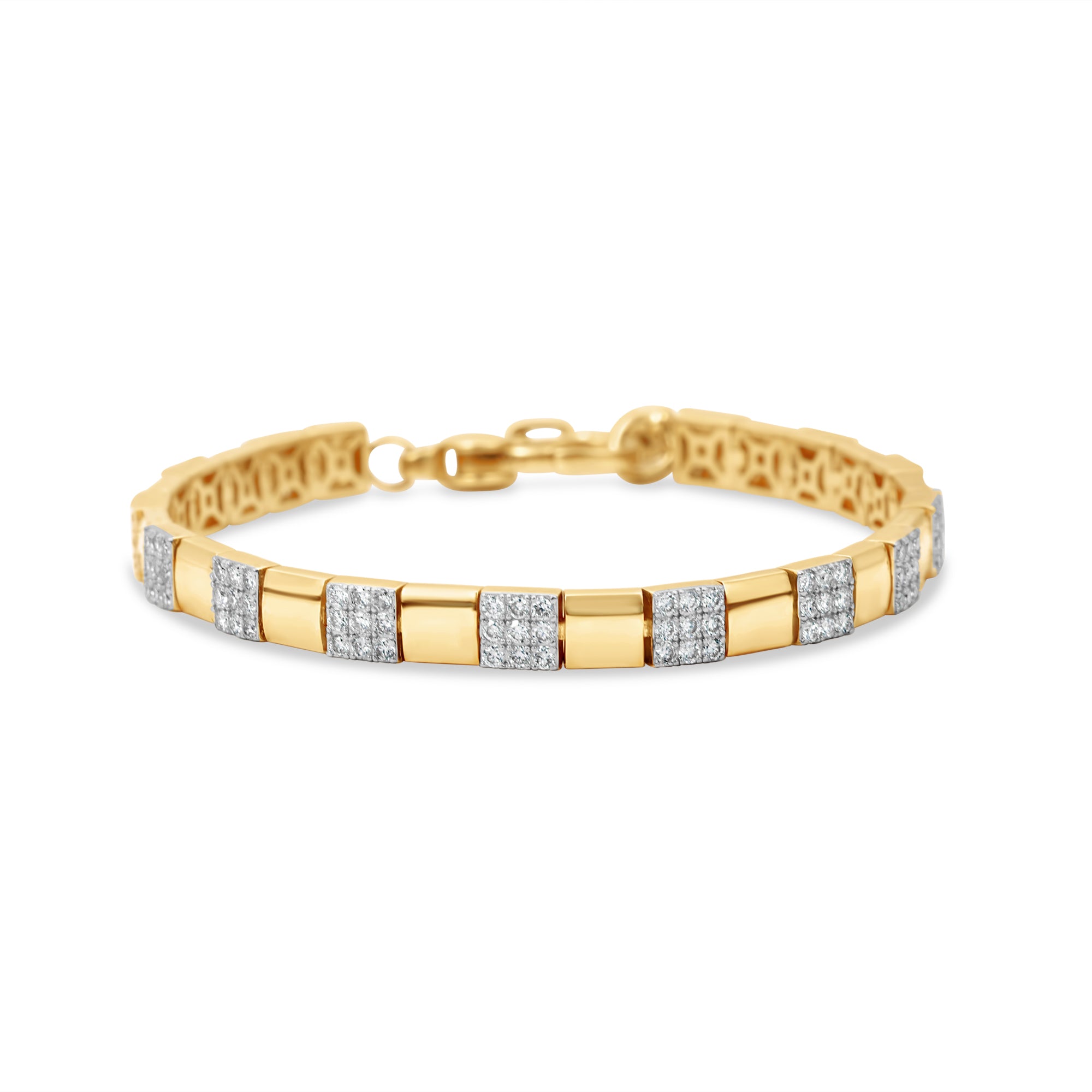 14K two-tone gold bracelet featuring a seamless blend of alternating pavé diamond accents and polished gold links, with an adjustable design for a tailored fit, offering geometric elegance and timeless sparkle. Front, close up. 