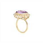 Stunning 14K yellow gold cocktail ring featuring an 8.65ct amethyst center stone surrounded by a sparkling diamond halo in an elegant basket setting, perfect for bold gemstone lovers.