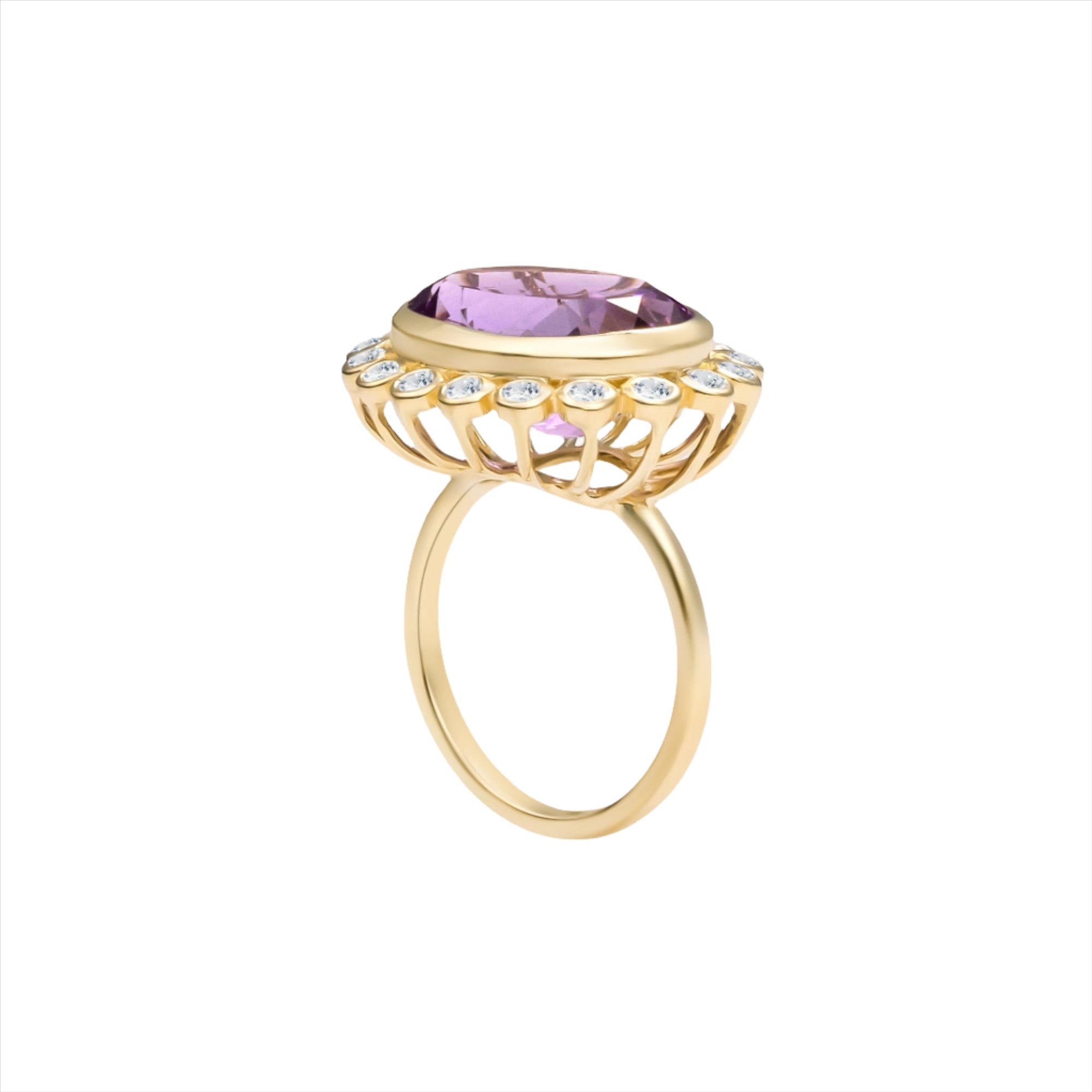 Stunning 14K yellow gold cocktail ring featuring an 8.65ct amethyst center stone surrounded by a sparkling diamond halo in an elegant basket setting, perfect for bold gemstone lovers.