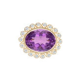 Stunning 14K yellow gold cocktail ring featuring an 8.65ct amethyst center stone surrounded by a sparkling diamond halo in an elegant basket setting, perfect for bold gemstone lovers.
