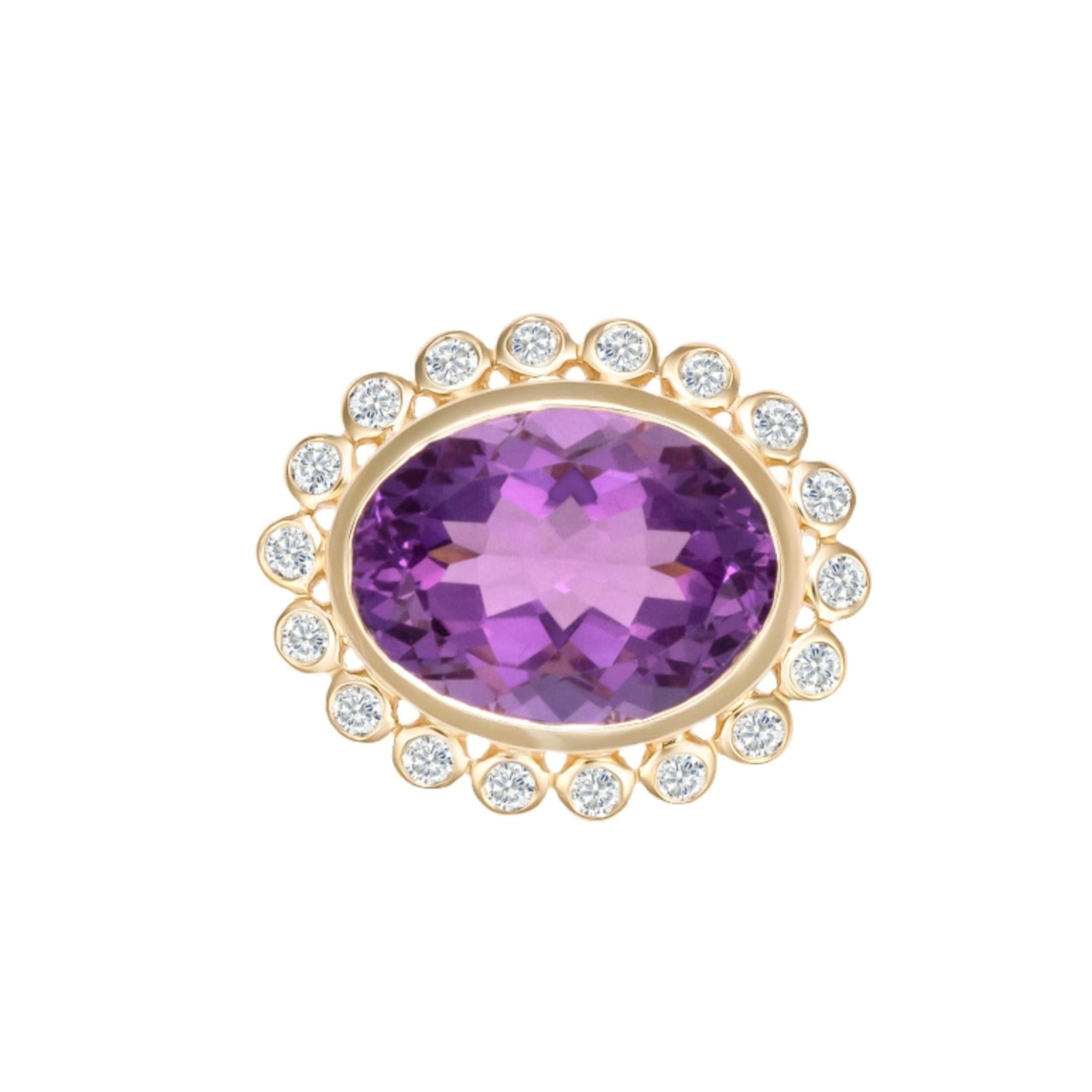Stunning 14K yellow gold cocktail ring featuring an 8.65ct amethyst center stone surrounded by a sparkling diamond halo in an elegant basket setting, perfect for bold gemstone lovers.